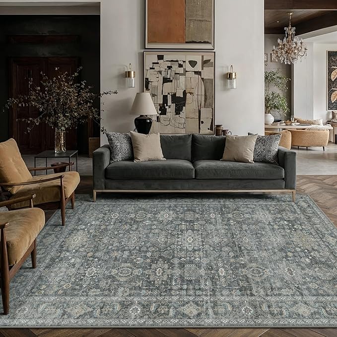 6x9 Washable Area Rug for Living Room Bedroom Vintage Black Grey Carpet Soft Low Pile Traditional Retro Non Slip Throw Rug for Dining Room Entryway Indoor Dorm Kitchen