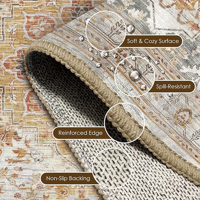 Washable Area Rug 5' x 7' Vintage Traditional Persian Mat - Foldable Distressed Non-Slip Machine Washable Carpet for Living Room Bedroom Kitchen Home Decor - Dove Gray and Coral