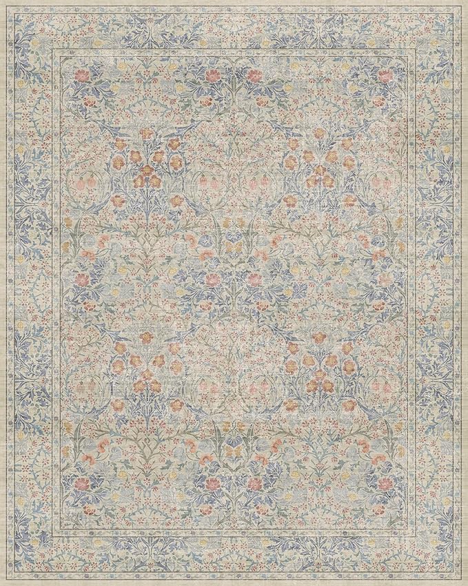 8x10 Washable Rug for Living Room - Stain Resistant Dining Room Rugs for Under Table, Soft Low Pile Large Carpet for Bedroom - Vintage Floral Non-Slip (8x10 Beige Blue)