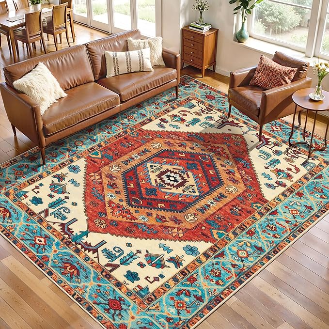 SERISSA 5x8 Area Rugs for Living Room, Large Washable Non-Slip Boho Rug, Ultra Soft Vintage Orange Oriental Tribal Print Distressed Carpet for Bedroom Dining Room Dorm Office Home Decor