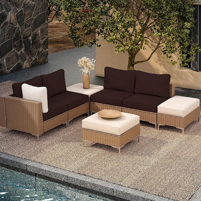 8Pcs Outdoor Cushion Covers, Patio Cushion Covers,Stretch Elastic Slipcovers, Replacement Washable & Reusable Furniture Protector for Patio Couch,Thick Jacquard Fabric(Coffee, Cover Only)