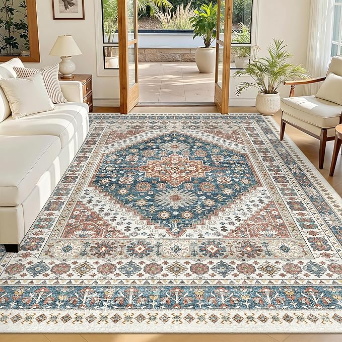 Madane 5x7 Area Rugs for Living Room, Stain Resistant Washable Rugs, Non-Slip Backing Area Rug, Vintage Home Decor Rug for Bedroom (Navy Blue, 5'x7')
