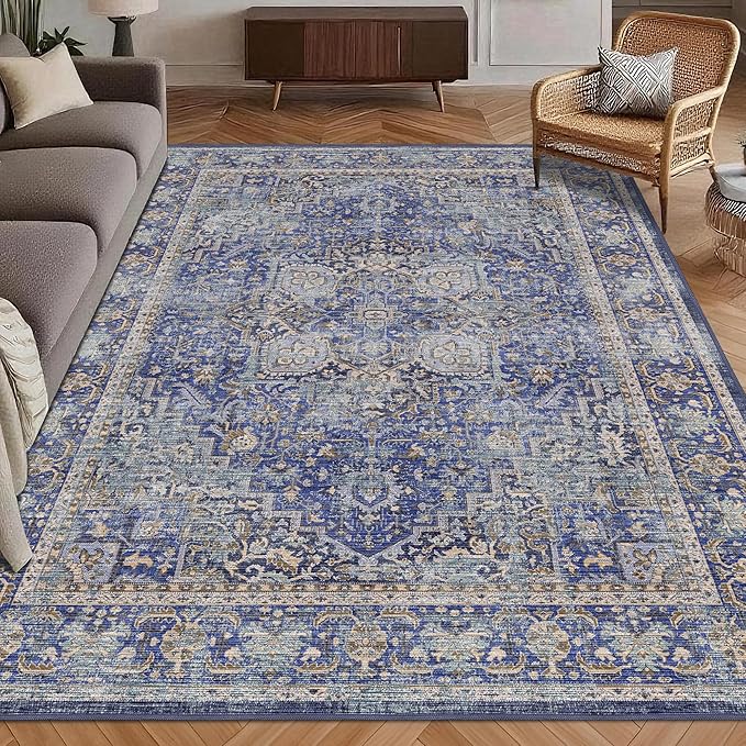 Washable Area Rug 3' x 5 ' Vintage Traditional Persian Mat - Foldable Distressed Non-Slip Machine Washable Carpet for Living Room Bedroom Kitchen Home Decor - Indigo and Gold