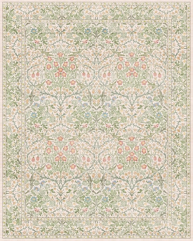 Cream Green Washable 8x10 Area Rugs for Living Room, Bedroom, Dining Room Under Table, Playroom, Stain Resistant Non-Slip Light Green Carpet with Pale Yellow and Pink Blossoms and Blue Flowers