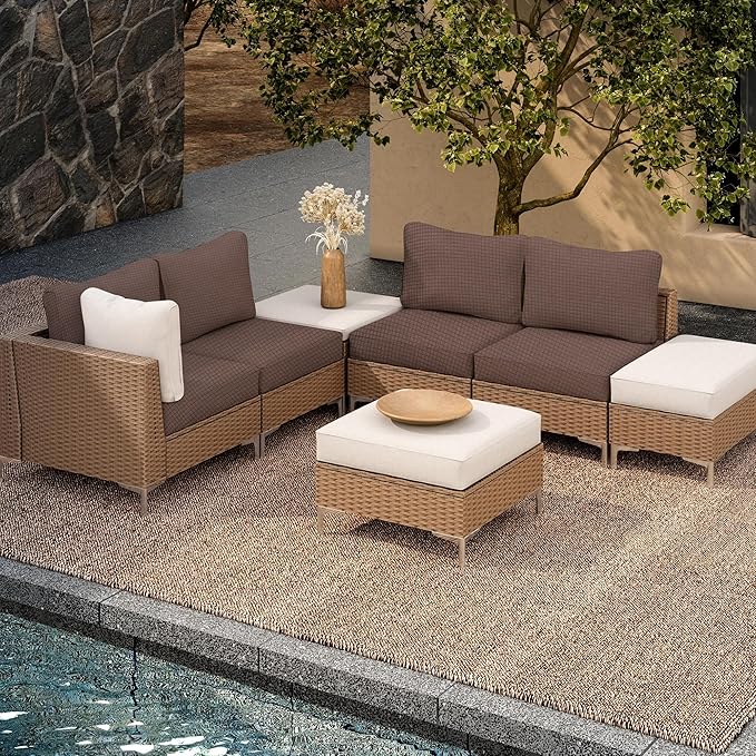 8Pcs Outdoor Cushion Covers, Patio Cushion Covers,Stretch Elastic Slipcovers, Replacement Washable & Reusable Furniture Protector for Patio Couch,Thick Jacquard Fabric(Camel, Cover Only)