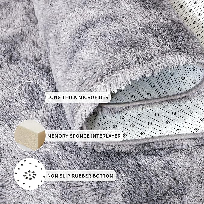 Tepook Fluffy Runner Rugs for Bedroom Aesthetic 2x6 Feet, Shag Soft Bedside Rug with Non-Slip Bottom, Fuzzy Plush Carpet for Room, Hallway Rug for Nursery Dorm Indoor Home Decor, Tie-dye Light Grey