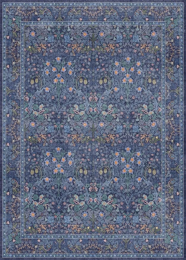 Dark Navy Blue Living Room Rug 5x7 Area Rug - Vintage Floral Forest Washable Mat for Dining Room, Bedroom, Low Pile Non Slip Stain Resistance Distressed Retro Indoor Boho Carpet