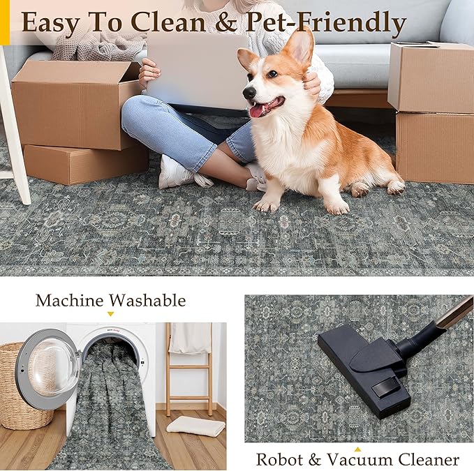 5x7 Washable Area Rug for Living Room Bedroom Vintage Black Grey Soft Low Pile Carpet Traditional Retro Non Slip Throw Rug for Dining Room Entryway Indoor Dorm Kitchen
