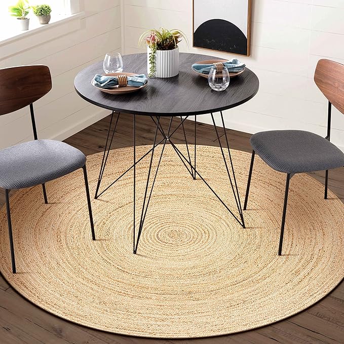 Hausattire Hand Woven Jute Braided Rug, 5’ Round – Natural, Reversible Boho Entry Area Rugs for Kitchen, Living Room I Farmhouse Decorative Floor Rug, 5 Feet Round