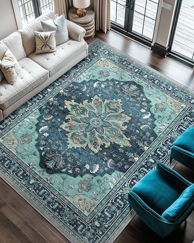RELEANY Area Rugs 6'x8' Washable Non-Slip, Floral Vintage Distress Print Pattern Medallion Carpet for Living Room Bedroom Dining Room, Teal Green Lake Blue Turquoise
