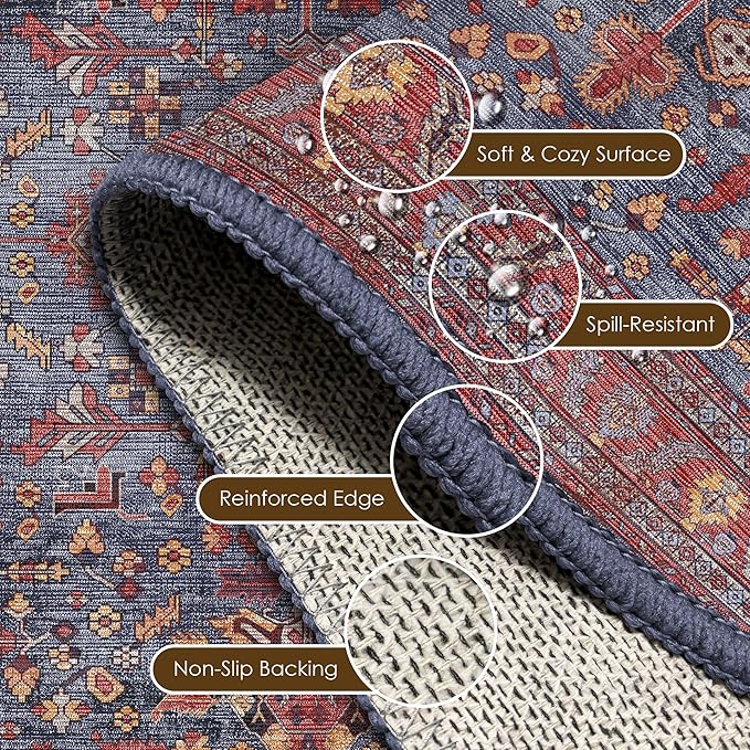 Washable Area Rug 6' x 9' Vintage Traditional Persian Mat - Foldable Distressed Non-Slip Machine Washable Carpet for Living Room Bedroom Kitchen Home Decor - Indigo and Crimson