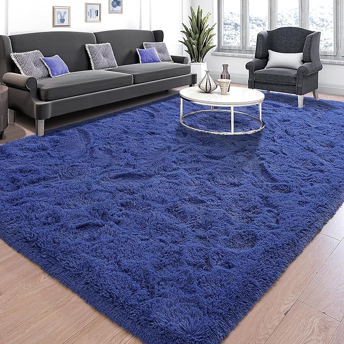 Tepook Fluffy Large Rugs for Living Room, Shag Area Rug 6x9 Soft Carpet for Bedroom, Modern Shaggy Rug for Kids Boys Girls, Plush Indoor Nursery Home Decor Rug with Non-Slip Bottom, Navy, 6 X 9 Feet