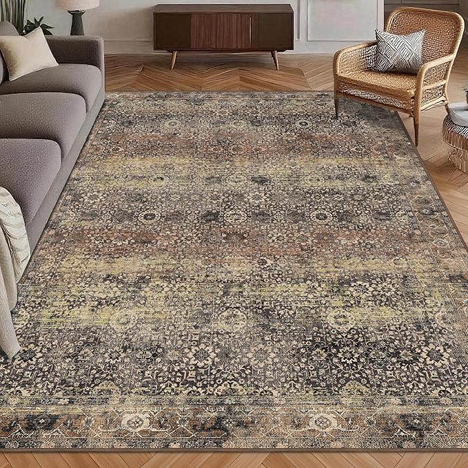 Washable Area Rug 3' x 5 ' Vintage Traditional Persian Mat - Foldable Distressed Non-Slip Machine Washable Carpet for Living Room Bedroom Kitchen Home Decor - Umber and Slate