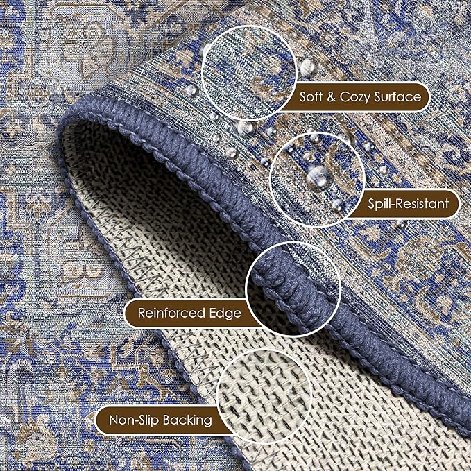 Washable Area Rug 3' x 5 ' Vintage Traditional Persian Mat - Foldable Distressed Non-Slip Machine Washable Carpet for Living Room Bedroom Kitchen Home Decor - Indigo and Gold