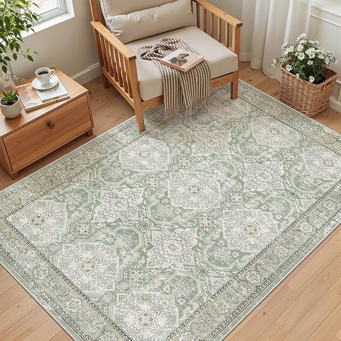 4x6 Area Rugs for Living Room, Vintage Washable Rugs for Dining Room, Bedroom, Home Office Decor, Non-Slip Green/Brown Carpet Thin Rug