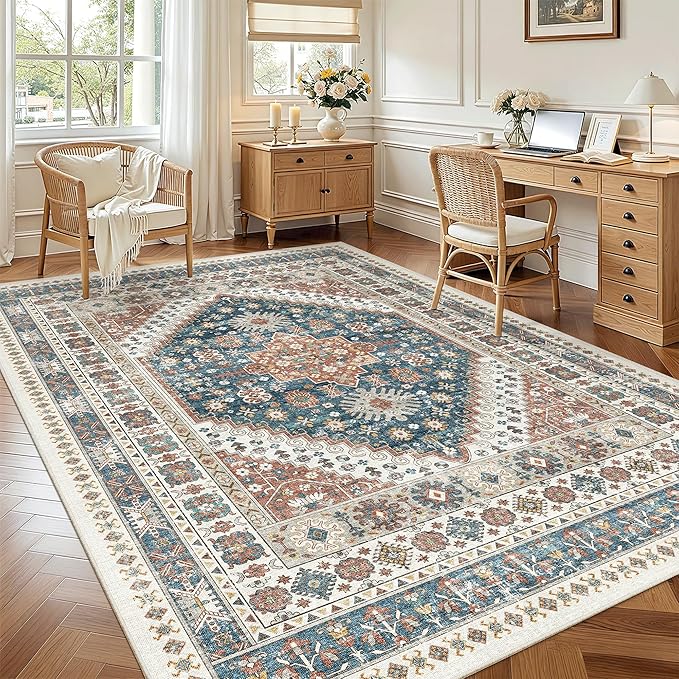 Madane 5x7 Area Rugs for Living Room, Stain Resistant Washable Rugs, Non-Slip Backing Area Rug, Vintage Home Decor Rug for Bedroom (Navy Blue, 5'x7')