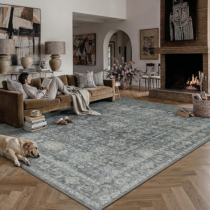 9x12 Washable Area Rug for Living Room Bedroom Vintage Black Grey Non Slip Carpet Traditional Retro Soft Low Pile Large Throw Rug for Dining Room Kitchen Office Indoor