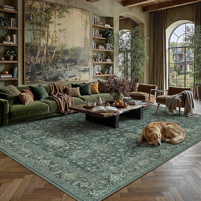 8x10 Washable Area Rug for Living Room Bedroom Vintage Green Non Slip Carpet Traditional Retro Soft Low Pile Large Throw Rug for Dining Room Kitchen Office Indoor
