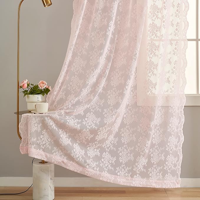 YJ YANJUN Vintage Lace Curtains 84 Inches Long- Pretty Pastel Floral Pink Sheer Curtain Panels for Living Room Girl Bedroom,Light Filtering, Cute Princess Girls Room Drapes 2 Panels 52W x 84L