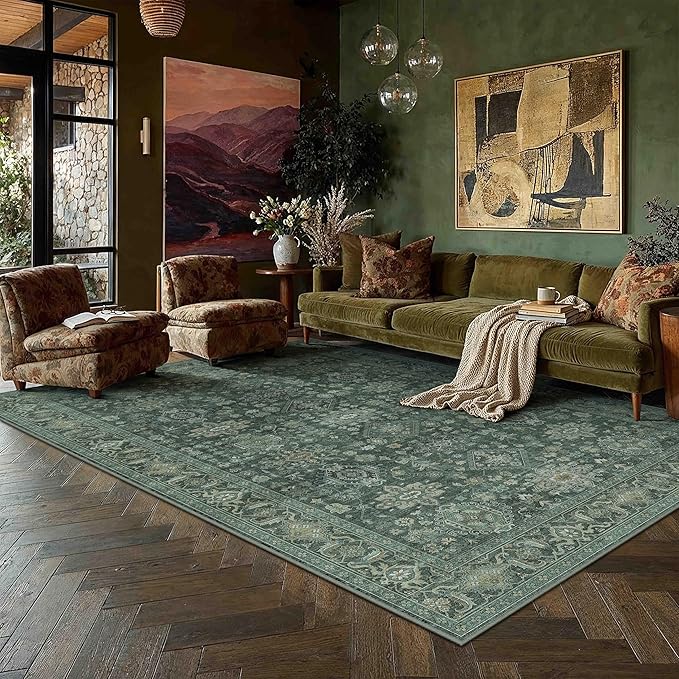 5x7 Washable Area Rug for Living Room Bedroom Vintage Green Soft Low Pile Carpet Traditional Retro Non Slip Throw Rug for Dining Room Entryway Indoor Dorm Kitchen