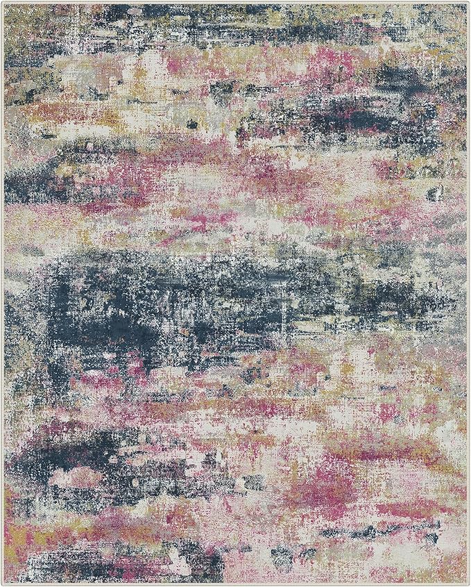 Area Rugs 8x10 for Living Room Bedroom, Modern Abstract Machine Washable Rug, Large Soft Low Pile Floor Carpet with Non Slip Backing for Dining Room, Navy/Pink
