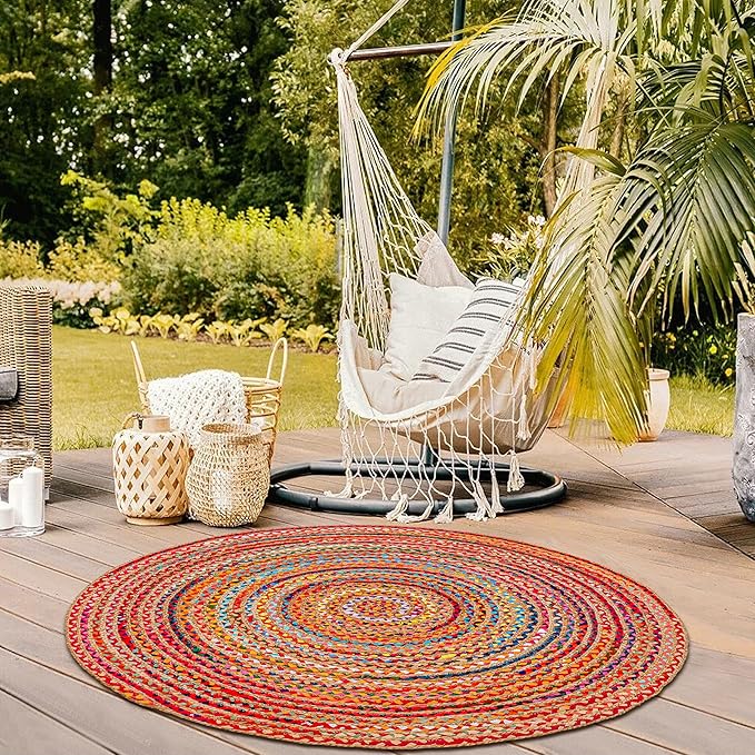 Hausattire Bohemian Braided Rug 3' Round - Multi Color, Small Farmhouse Jute Cotton Area Rag Rugs for Kids Bedroom, Playroom | Colorful Circle Hand Woven Cute Accent Mat