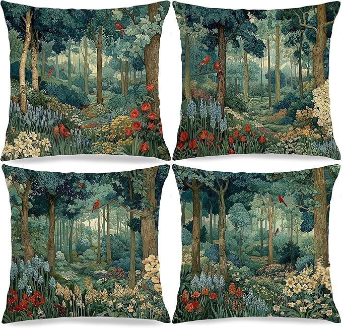 Rustic Forest Green Pillow Covers 18x18 Set of 4, Cottagecore Summer Lemon Forest Nature Botanical William Morris Inspired Decorative Throw Pillow Covers for Sofa Bed Bedroom Living Room